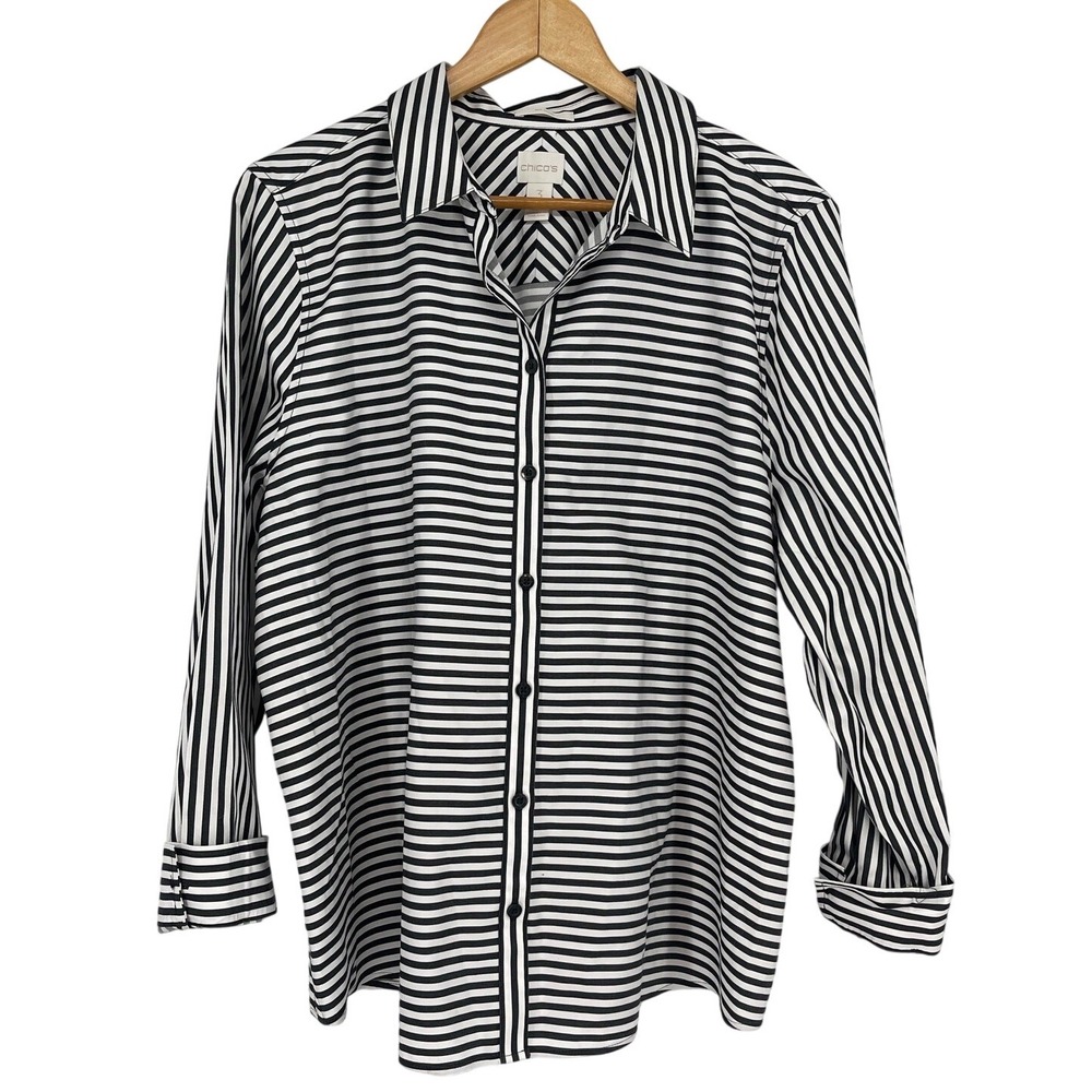 Chico's No Iron Shirt Women's 3 XL 16/18 Black White Stripe Cotton‎ Button Up